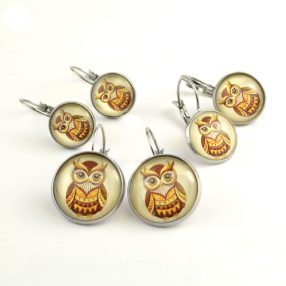   Nemesacél üveglencsés franciakapcsos fülbevaló - választható méretben - bagoly (1400)