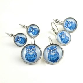   Nemesacél üveglencsés franciakapcsos fülbevaló - választható méretben - bagoly (1401)