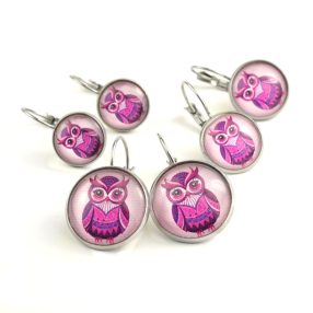   Nemesacél üveglencsés franciakapcsos fülbevaló - választható méretben - bagoly (1402)