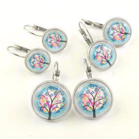   Nemesacél üveglencsés franciakapcsos fülbevaló - választható méretben - életfa (2504)