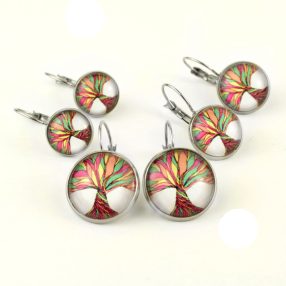   Nemesacél üveglencsés franciakapcsos fülbevaló - választható méretben - életfa (2508)