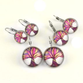   Nemesacél üveglencsés franciakapcsos fülbevaló - választható méretben - életfa (2510)