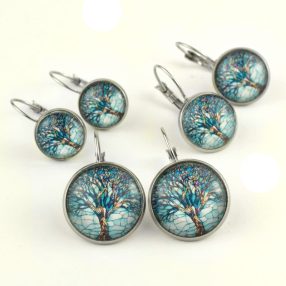   Nemesacél üveglencsés franciakapcsos fülbevaló - választható méretben - életfa (2524)