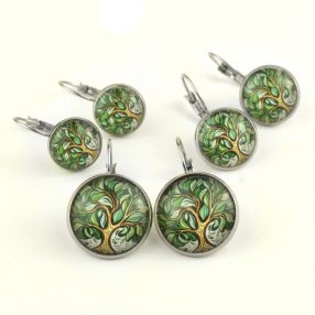   Nemesacél üveglencsés franciakapcsos fülbevaló - választható méretben - életfa (2529)