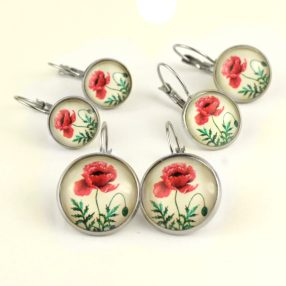   Nemesacél üveglencsés franciakapcsos fülbevaló - választható méretben - virágmintás, pipacsos (3000)