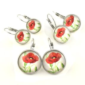   Nemesacél üveglencsés franciakapcsos fülbevaló - választható méretben - virágmintás, pipacsos (3001)