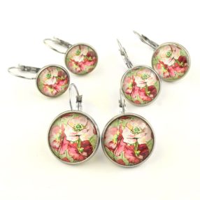   Nemesacél üveglencsés franciakapcsos fülbevaló - választható méretben - virágmintás, pipacsos (3002)