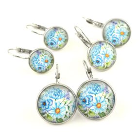   Nemesacél üveglencsés franciakapcsos fülbevaló - választható méretben - virágmintás (3401)