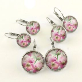   Nemesacél üveglencsés franciakapcsos fülbevaló - választható méretben - virágmintás (3402)