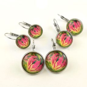   Nemesacél üveglencsés franciakapcsos fülbevaló - választható méretben - virágmintás (3404)