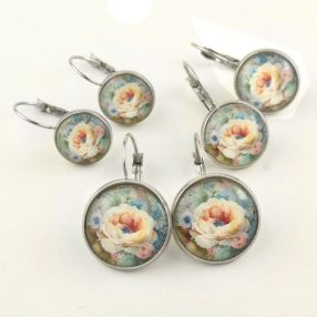 Nemesacél üveglencsés franciakapcsos fülbevaló - választható méretben - virágmintás (3404)