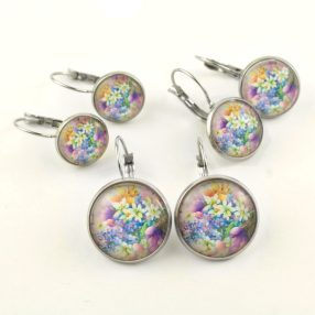   Nemesacél üveglencsés franciakapcsos fülbevaló - választható méretben - virágmintás (3407)