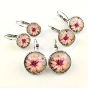   Nemesacél üveglencsés franciakapcsos fülbevaló - választható méretben - virágmintás (3412)