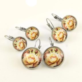   Nemesacél üveglencsés franciakapcsos fülbevaló - választható méretben - rózsa virágmintás (3416)