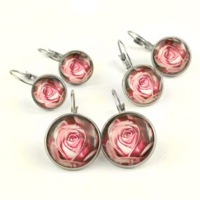 Nemesacél üveglencsés franciakapcsos fülbevaló - választható méretben - rózsa virágmintás (3416)