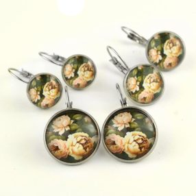   Nemesacél üveglencsés franciakapcsos fülbevaló - választható méretben - rózsa virágmintás (3419)