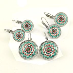   Nemesacél üveglencsés franciakapcsos fülbevaló - választható méretben - mandala (5033)