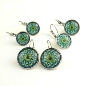   Nemesacél üveglencsés franciakapcsos fülbevaló - választható méretben - mandala (5045)