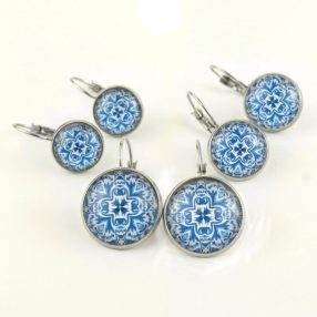   Nemesacél üveglencsés franciakapcsos fülbevaló - választható méretben - csempe mintás (5401)