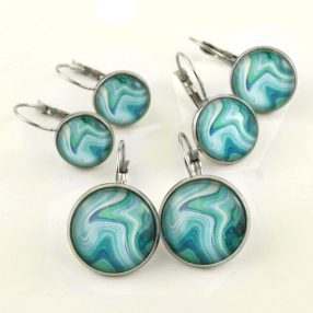   Nemesacél üveglencsés franciakapcsos fülbevaló - választható méretben - achát mintás (5505)