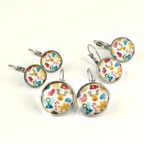 Nemesacél üveglencsés franciakapcsos fülbevaló - választható méretben - absztrakt mintás (5513)