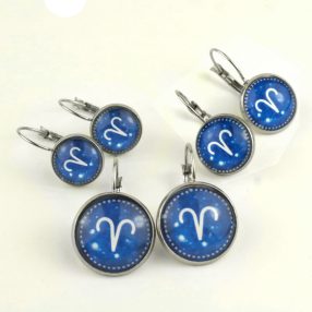   Nemesacél üveglencsés franciakapcsos fülbevaló - választható méretben - horoszkóp, csillagjegy - kos (9000)