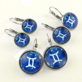   Nemesacél üveglencsés franciakapcsos fülbevaló - választható méretben - horoszkóp, csillagjegy - ikrek (9002)