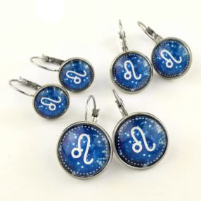   Nemesacél üveglencsés franciakapcsos fülbevaló - választható méretben - horoszkóp, csillagjegy - oroszlán (9004)