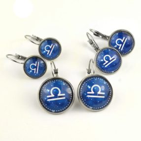   Nemesacél üveglencsés franciakapcsos fülbevaló - választható méretben - horoszkóp, csillagjegy - mérleg (9006)