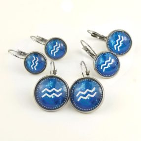   Nemesacél üveglencsés franciakapcsos fülbevaló - választható méretben - horoszkóp, csillagjegy - vízöntő (9010)