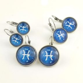   Nemesacél üveglencsés franciakapcsos fülbevaló - választható méretben - horoszkóp, csillagjegy - halak (9011)