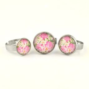   Nemesacél üveglencsés gyűrű - választható méretben - virágmintás (3400)