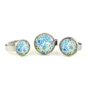   Nemesacél üveglencsés gyűrű - választható méretben - virágmintás (3401)