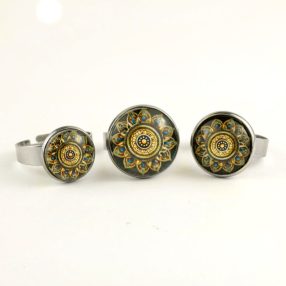   Nemesacél üveglencsés gyűrű - választható méretben - mandala (5082)