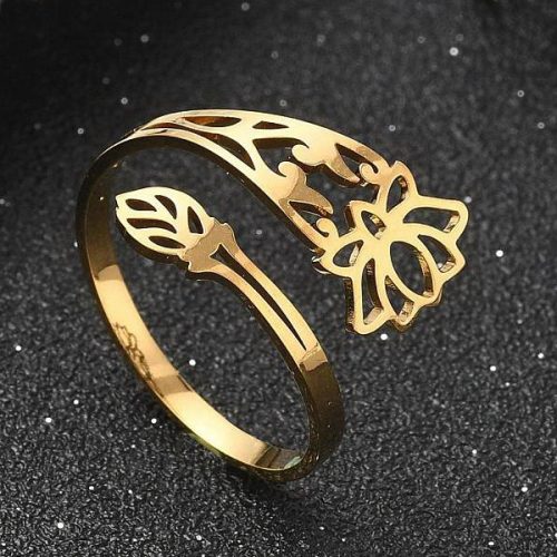 Nemesacél gyűrű, arany színű - állítható méretű - lótuszvirág