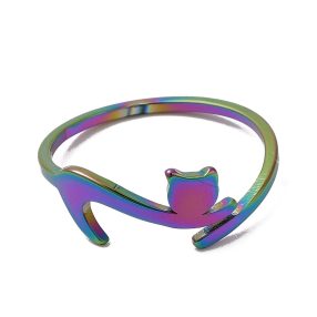   Nemesacél gyűrű, szivárvány színű - állítható méretű - cica