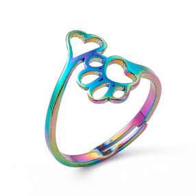   Nemesacél gyűrű, szivárvány színű - állítható méretű - tappancs mancs-szív