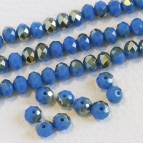   Üveg kristálygyöngy fazettált fánk kb. 4x6mm-es félig fedett, telt, tengerészkék, egyik oldalán metálfényű kicsit sárgás nikkel