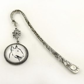   Fém könyvjelző üveglencsés medállal - bullterrier kutya (0200)