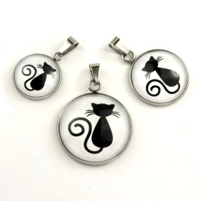   Nemesacél üveglencsés medál - választható méretben - cica (0001)