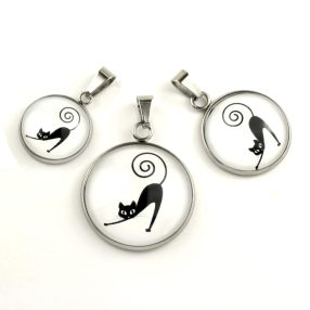   Nemesacél üveglencsés medál - választható méretben - cica (0002)