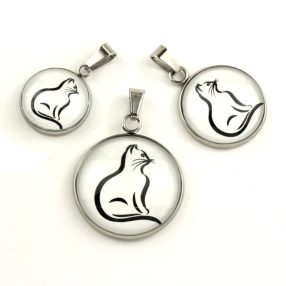   Nemesacél üveglencsés medál - választható méretben - cica (0004)
