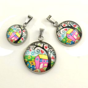   Nemesacél üveglencsés medál - választható méretben -életfa házikókkal(2501)