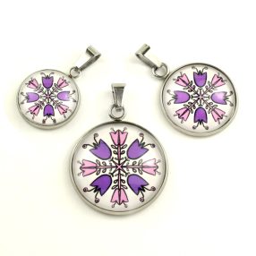   Nemesacél üveglencsés medál - választható méretben - népies virágok (2907)
