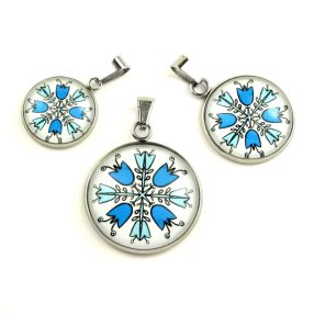   Nemesacél üveglencsés medál - választható méretben - népies virágok (2908)