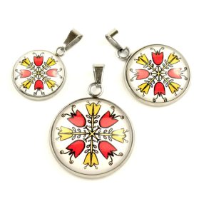   Nemesacél üveglencsés medál - választható méretben - népies virágok (2909)