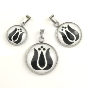   Nemesacél üveglencsés medál - választható méretben - népies virág, tulipán (2910)