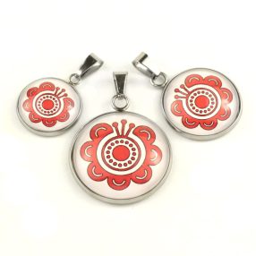   Nemesacél üveglencsés medál - választható méretben - népies virág (2911)