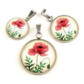   Nemesacél üveglencsés medál - választható méretben - virágmintás, pipacsos (3000)