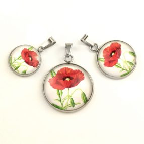   Nemesacél üveglencsés medál - választható méretben - virágmintás, pipacsos (3001)